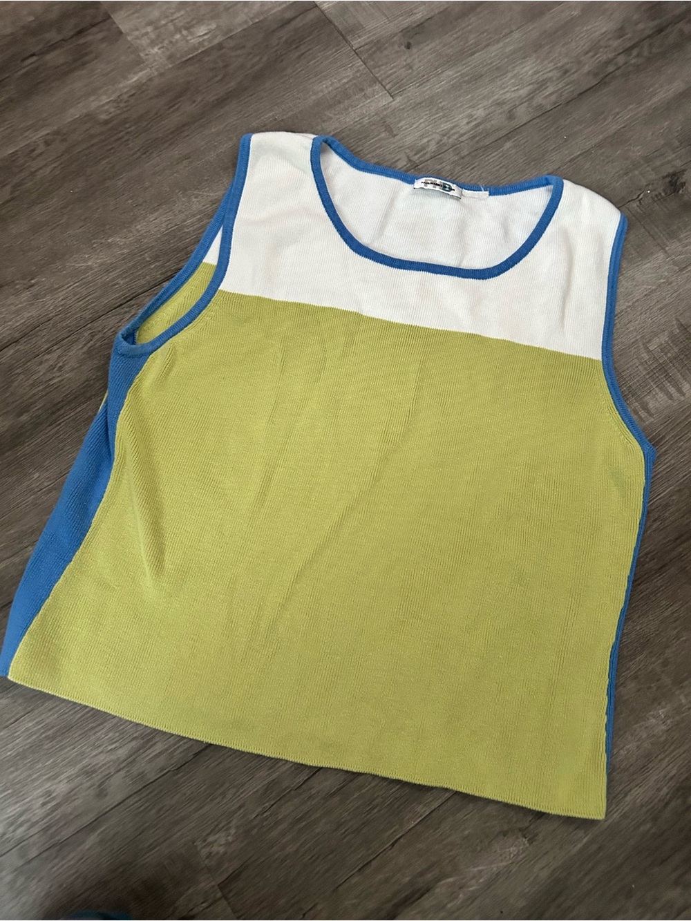 Vintage Blue-Trim White and Lime Colorblock 90s knit Tank Top